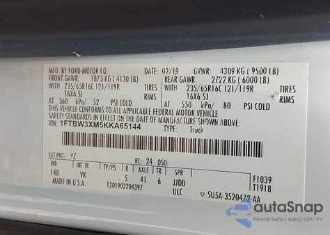 2019 Ford Transit T-350 from USA, damaged, VIN 1FTBW3XM5KKA65144